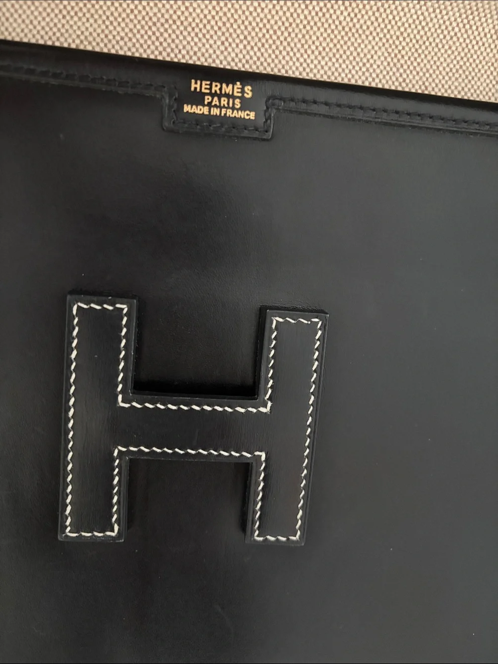 Hermes Black Leather Clutch with White Contrast Stitching